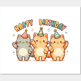 Kawaii Happy Birthday Three Cats Party Posters and Art